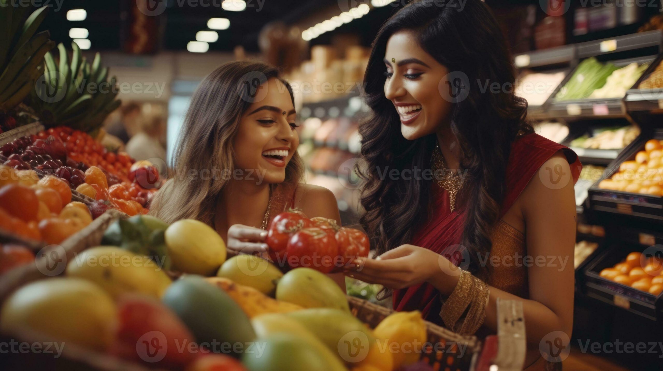 two-beautiful-indian-girls-choose-fruits-and-vegetables-ai-generative-photo